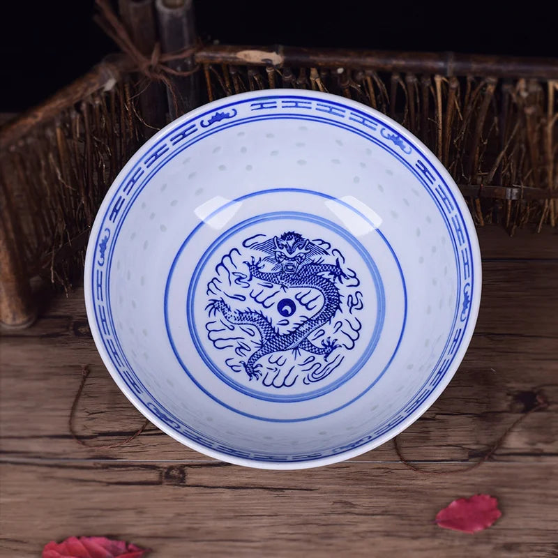 Afralia™ Dragon Pattern Blue and White Porcelain Ramen Soup Bowl