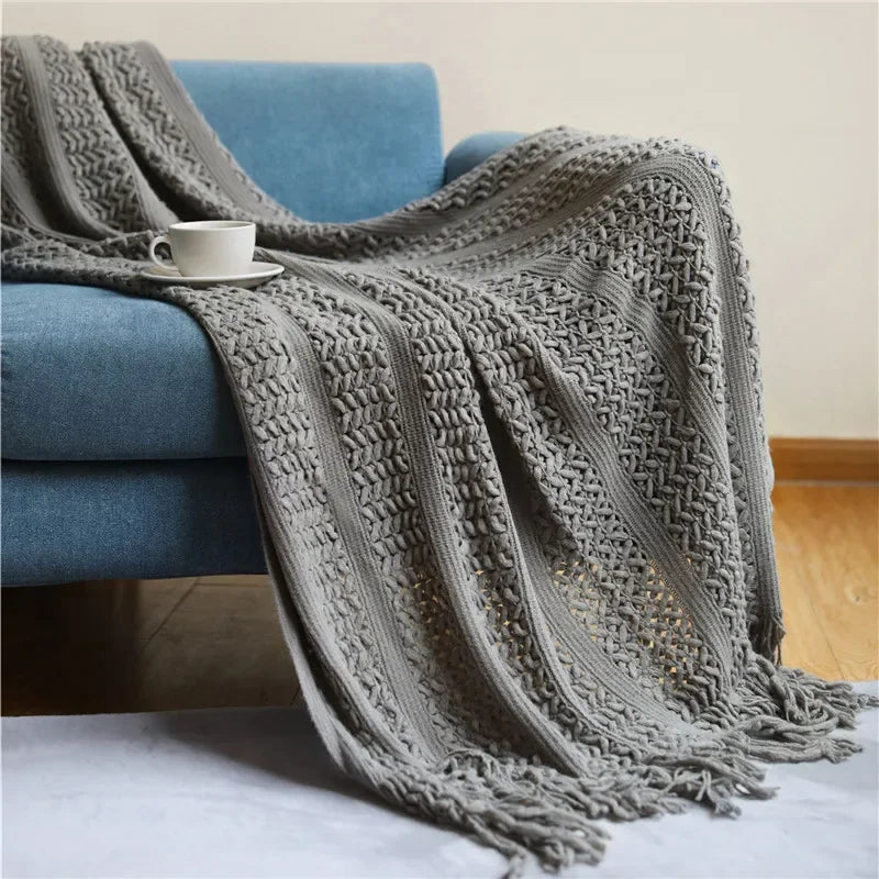 Afralia™ Nordic Knitted Sofa Blanket with Tassels - Solid Color Siesta Shawl Blanket