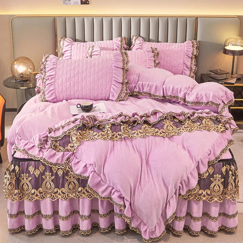 Afralia™ Velvet Bedding Set with Gold Lace Ruffles, Removable Bed Skirt & Pillowcase