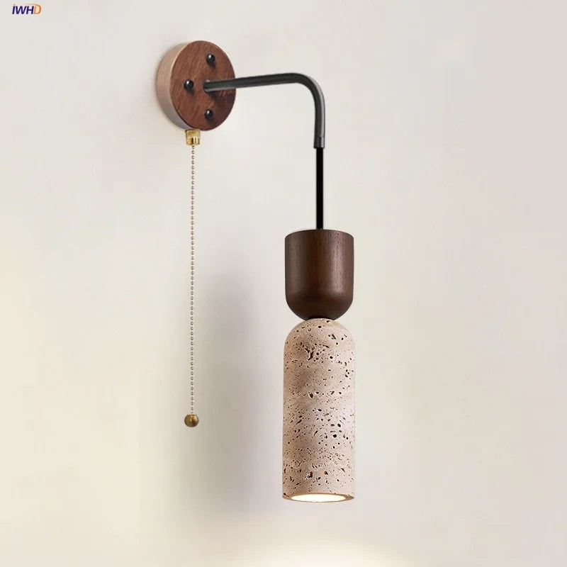 Afralia™ Wood LED Wall Lamp Yellow Travertine Pull Chain Switch Modern Nordic Style