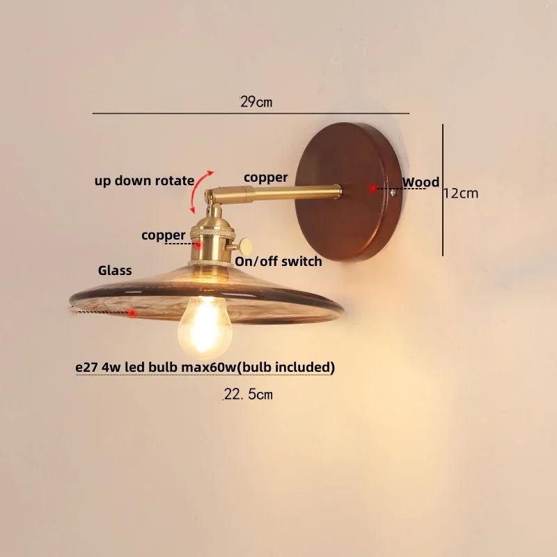 Afralia™ Walnut Wood LED Wall Light Glass Pull Chain Switch Nordic Modern Bedroom Lamp
