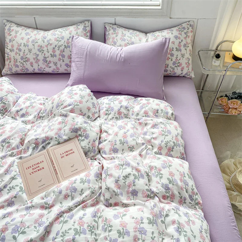 Afralia™ Cartoon Heart Floral Print Duvet Set with Bed Sheet & Pillowcases
