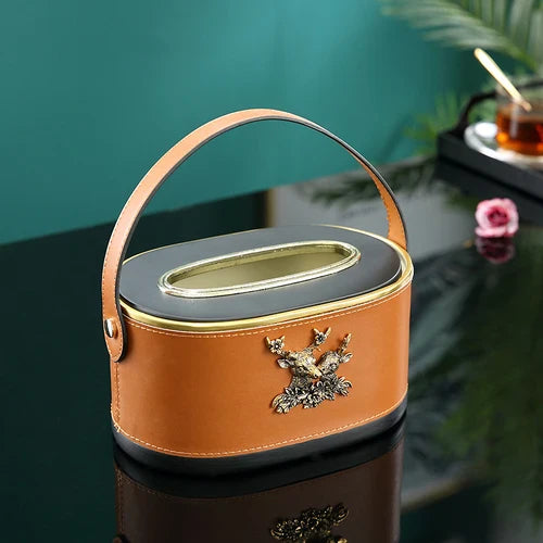 Afralia™ Brown Leather Desktop Storage Basket and Tissue Box