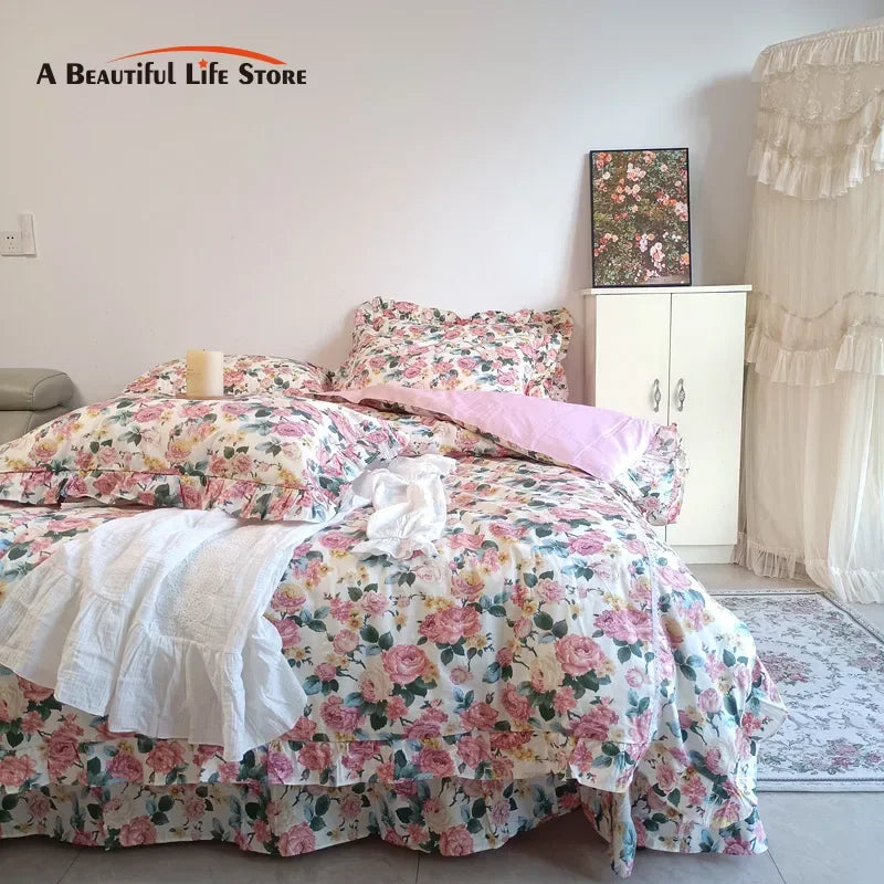 Afralia™ Vintage Rose Flowers Lace Ruffles Cotton Girl Bedding Set - 1 Duvet, 1 Sheet, 2 Pillowcases