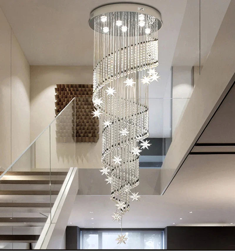 Afralia™ Spiral Moon & Star Crystal Chandelier: Modern Lobby & Stair Lighting Option