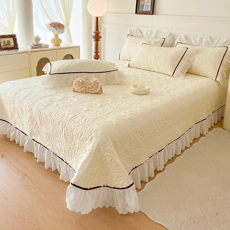 Afralia™ Princess Style Cotton Quilted Bedspread Set with Lace Edge & Pillowcase