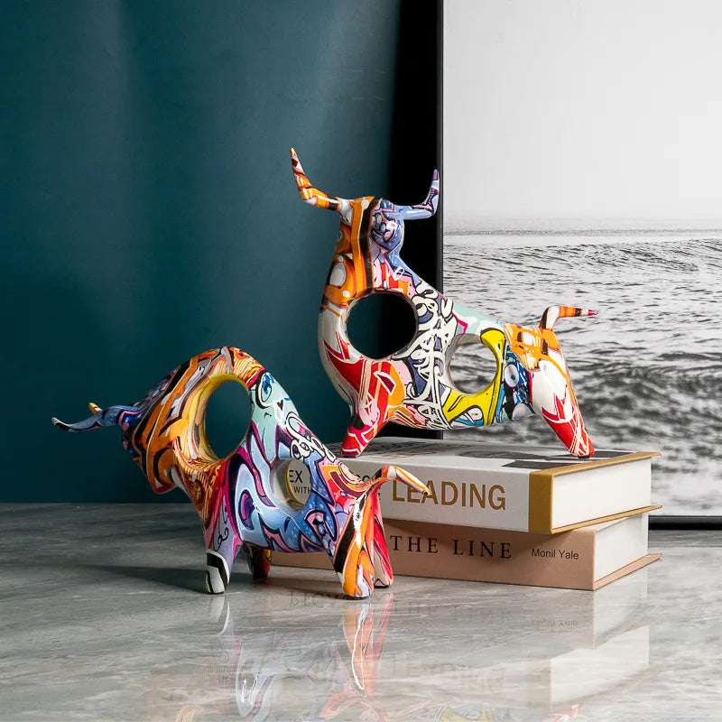 Afralia™ Colorful Bull Statue Home Decor Abstract Figurine Living Room TV Cabinet Ornament