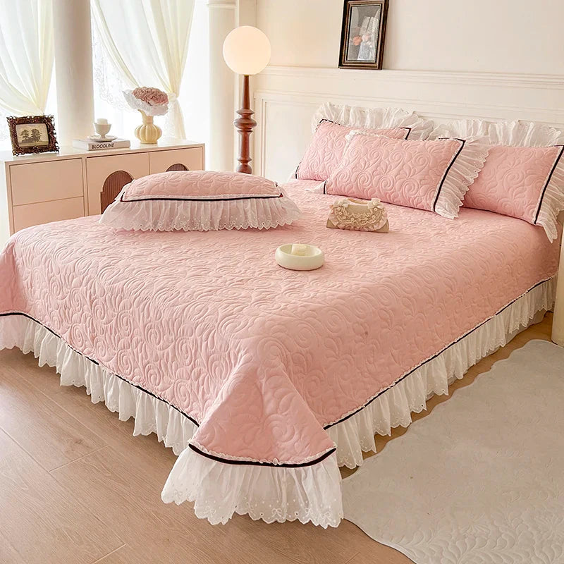 Afralia™ Princess Style Cotton Quilted Bedspread Set with Lace Edge & Pillowcase