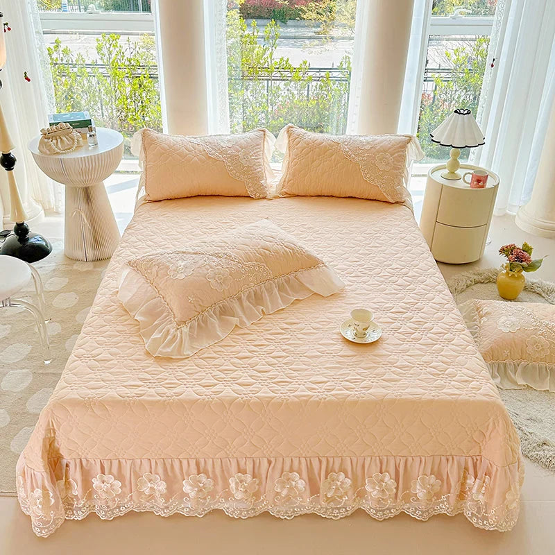 Afralia™ Pink Cotton Quilted Bedspread Set with Lace Edge and Pillowcases