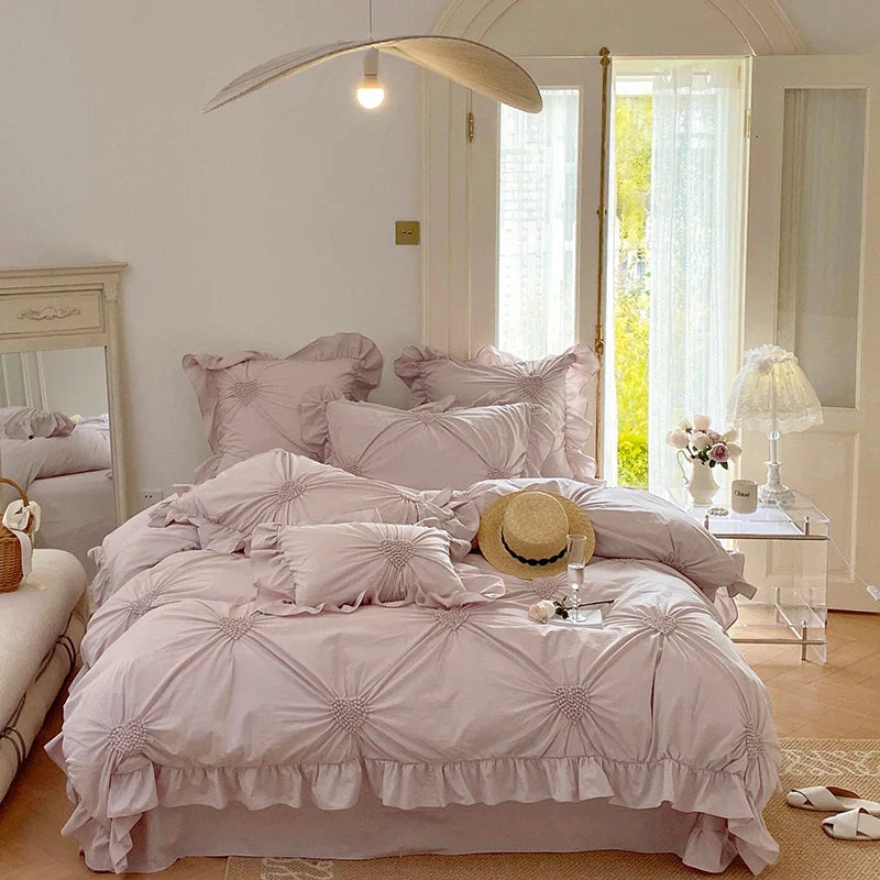 Afralia™ Korean Princess Style Pure Cotton Bedding Set with Ruffles and Heart Pleat