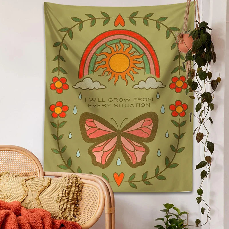 Afralia™ Retro Rainbow Butterfly Botanical Flower Wall Hanging Tapestry Home Decor