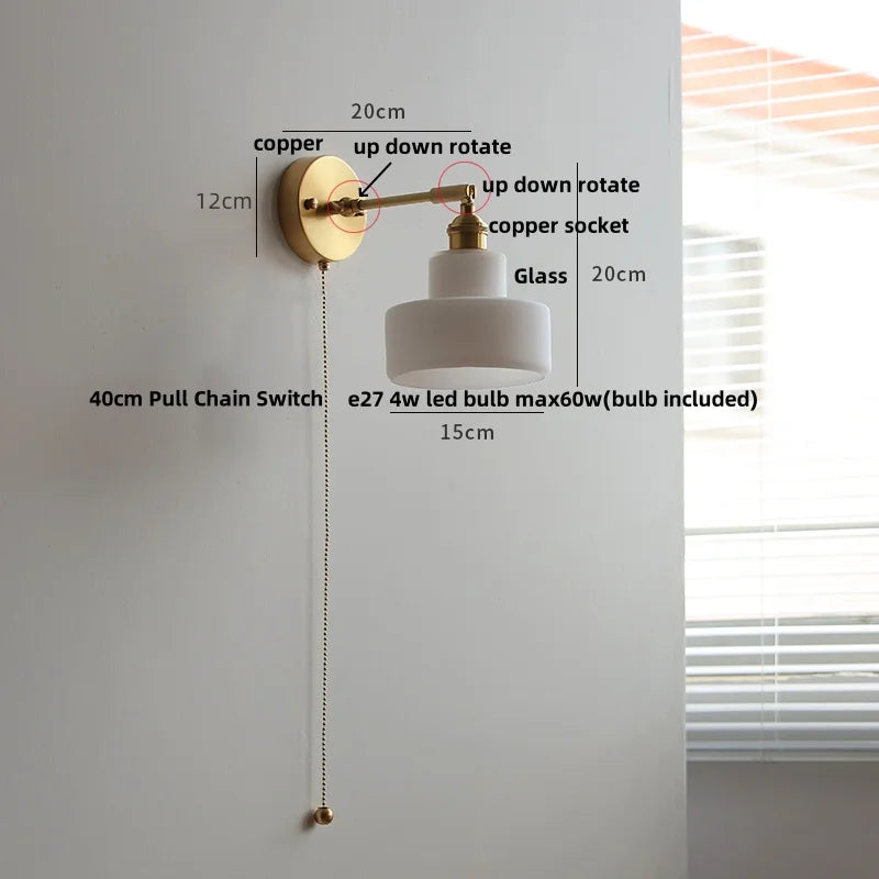 Afralia™ Clear Glass LED Wall Lights Pull Chain Switch Modern Bedside Lamp