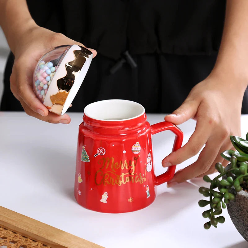 Afralia™ Christmas Planet Ceramic Mug with Lid, Spoon - Xmas Gift Cofee Cup