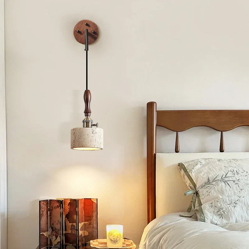 Afralia™ Copper Wood LED Wall Sconce Yellow Travertine Stone Bedside Light