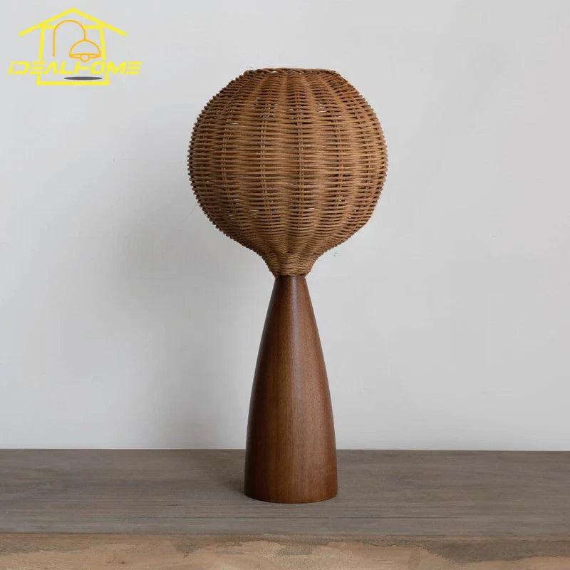 Afralia™ Wabi-Sabi Wooden Table Lamp LED Rattan Weaving Shade for Home Decor