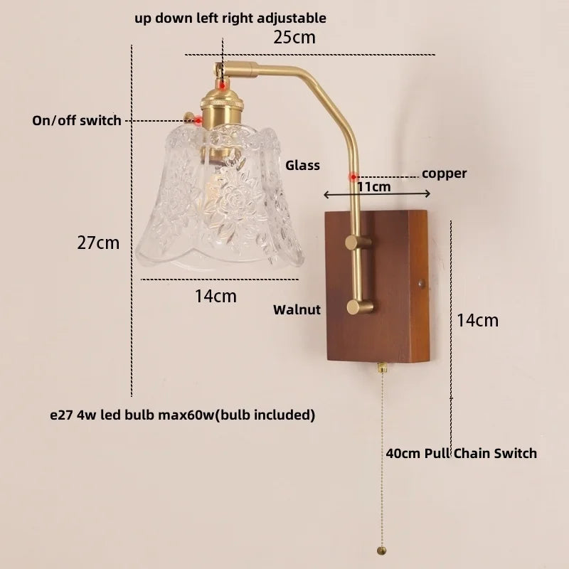 Afralia™ LED Glass & Wood Wall Lamp with Pull Chain Switch for Living Room, Bedroom, Bathroom