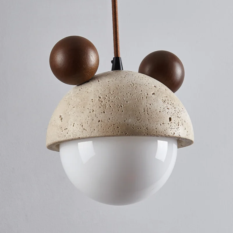 Afralia™ White Glass Ball Pendant Lights Yellow Travertine Wood Hang Lamp