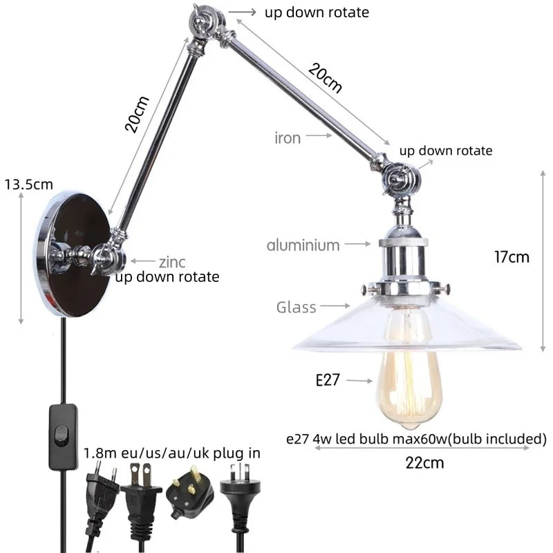 Afralia™ Industrial Loft Swing Arm LED Wall Sconce Glass Vintage Mirror Light