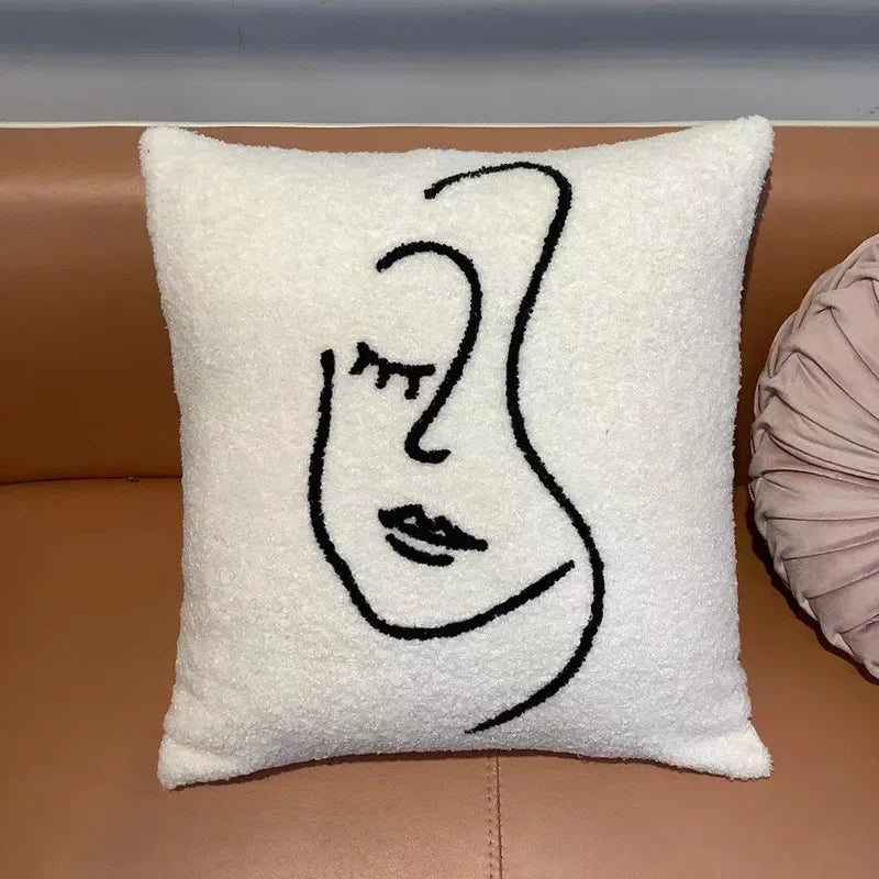 Afralia™ Lambswool Face Embroidered Cushion Cover 45x45 - Beige White Abstract Art Pillowcase