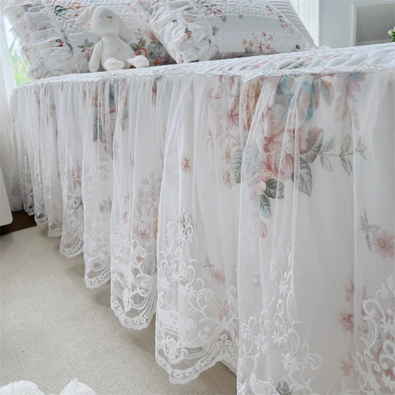 Afralia™ French Floral Print Bedding Set: Duvet Cover, Lace Ruffles, Quilted Embroidery, Pillowcases