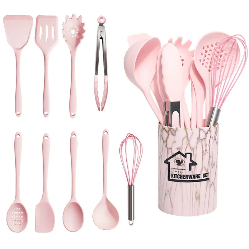 Afralia™ 18Pcs Silicone Kitchen Utensils Turner Spatula Measuring Spoon Cooking Tool Set