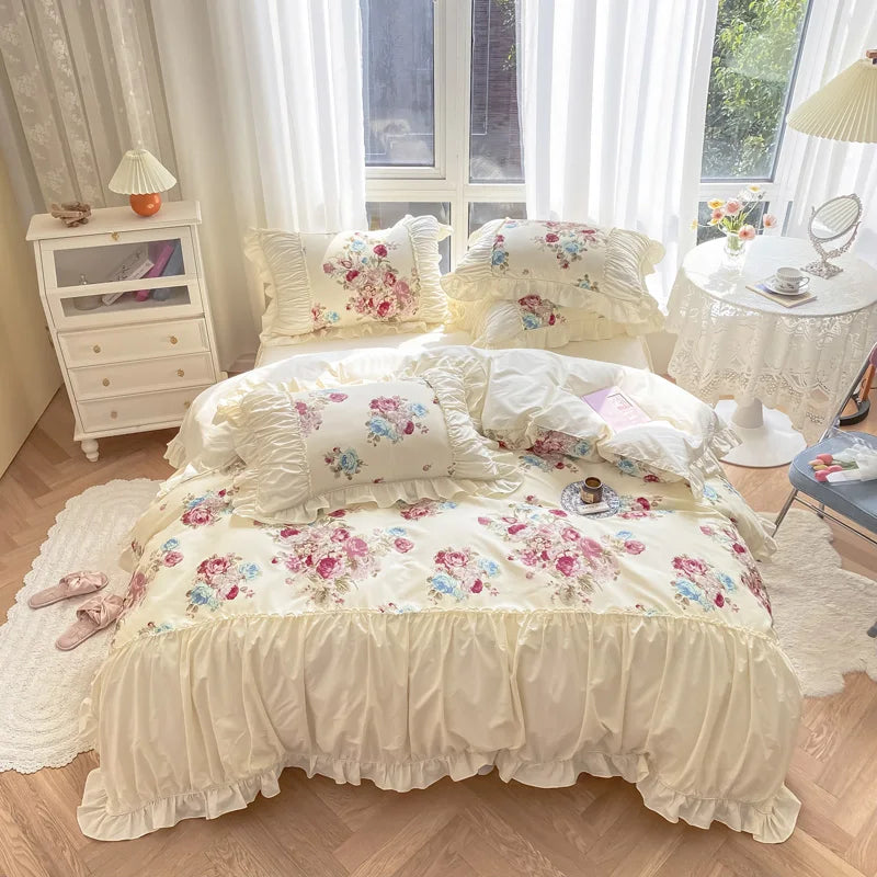 Afralia™ Rose Print Cotton Bedding Set with Pleated Ruffles and French-Inspired Design