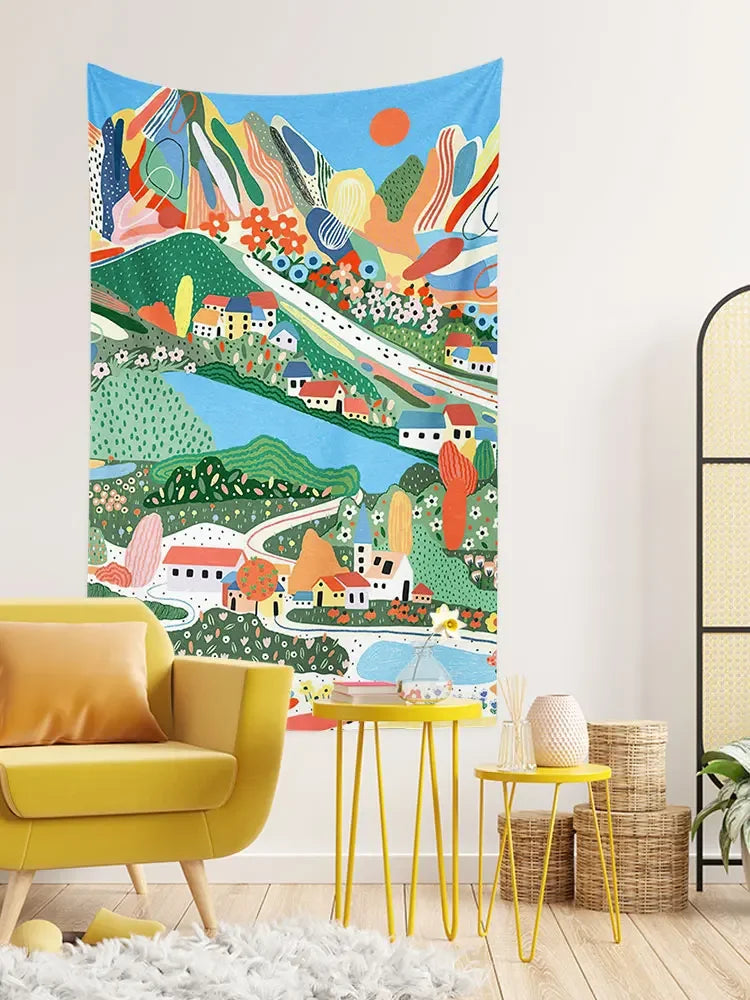 Nordic Landscape Tapestry - Afralia™ Pastoral Illustration Bedside Wall Hanging for Bedroom Décor