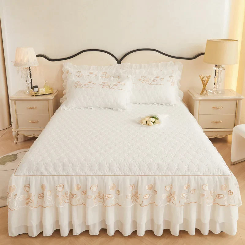 Afralia™ Quilted Embroidery Bedding Set with Lace Ruffles, Duvet Cover, Bed Skirt - Various Colors