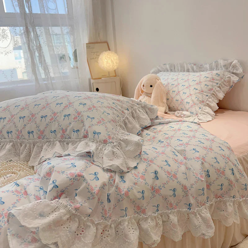 Afralia™ Korean Princess Style Floral Lace Ruffles Bedding Set with Pillowcase