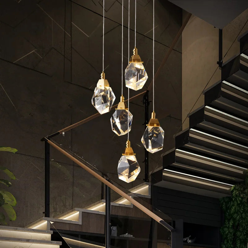 Afralia™ Diamond Crystal Chandelier Staircase LED Golden Large Living Room Hall Lighting
