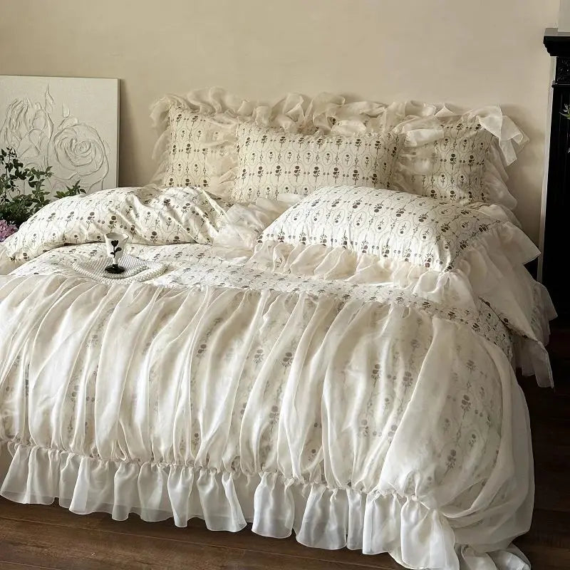 Afralia™ Vintage French Rose Print Princess Bedding Set with Lace Ruffles