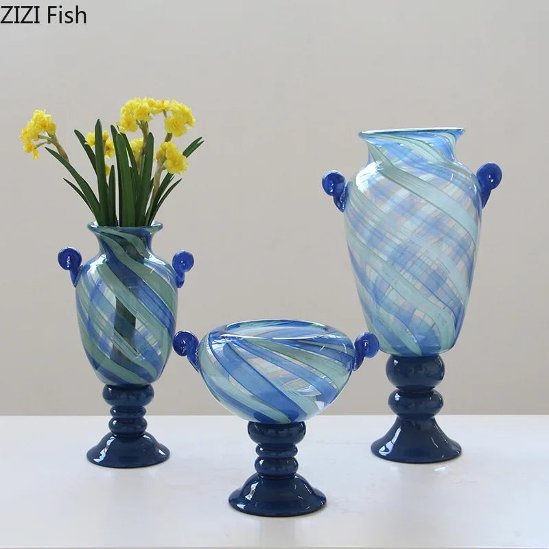 Afralia™ Blue Stripe Glass Vase Hydroponics Plant Pot Room Decor