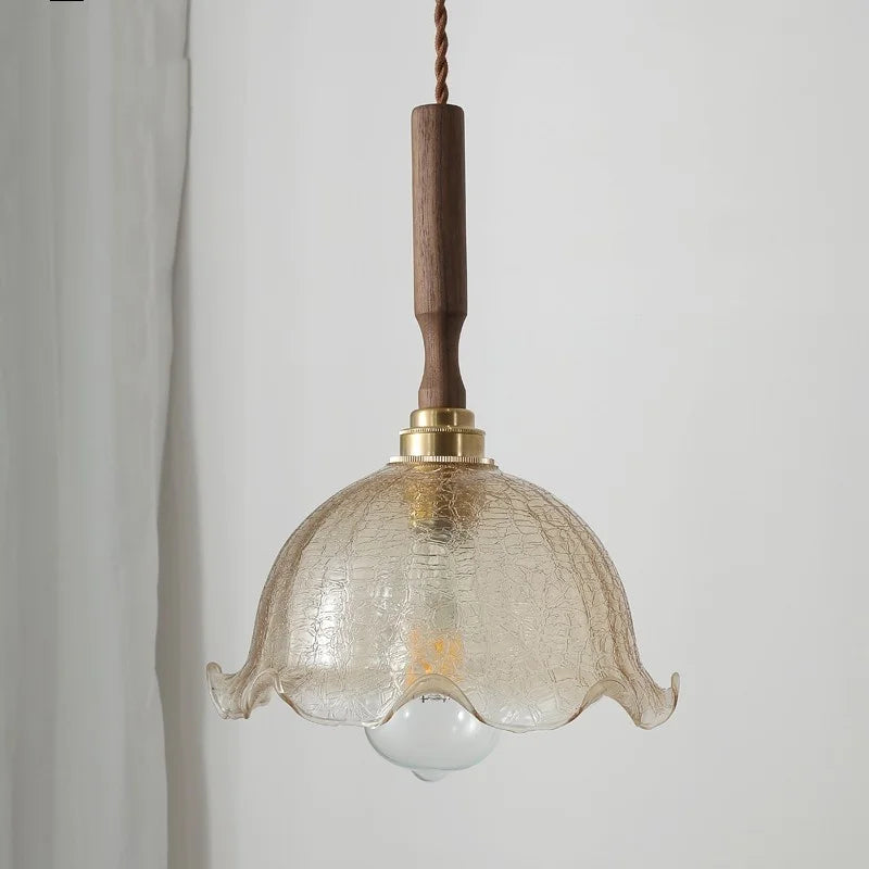 Afralia™ Amber Glass LED Pendant Lamp with Walnut Wood Accent - Modern Nordic Hanging Light