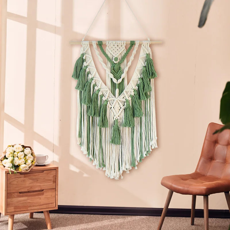 Afralia™ Green Macrame Tassel Stick Wall Hanging for Home Decoration