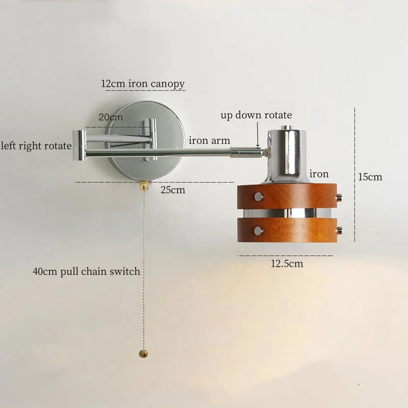 Afralia™ Vintage LED Wall Light Iron Wood Bedside Lamp Wandlamp