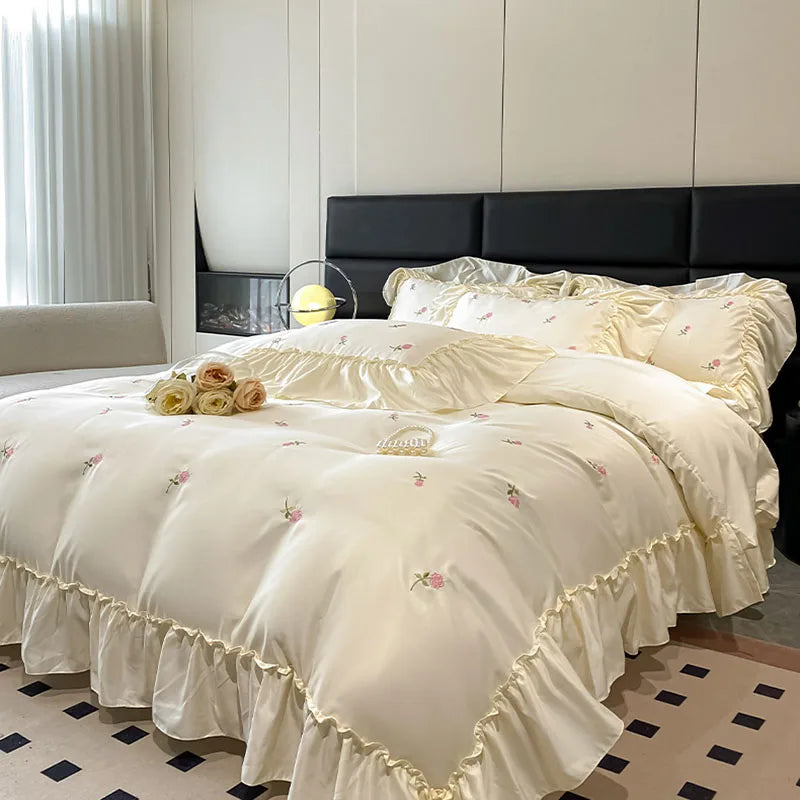 Afralia™ Ice Silk Embroidery Bedding Sets: Luxury Rayon Duvet Set with Lace, Soft & Cozy