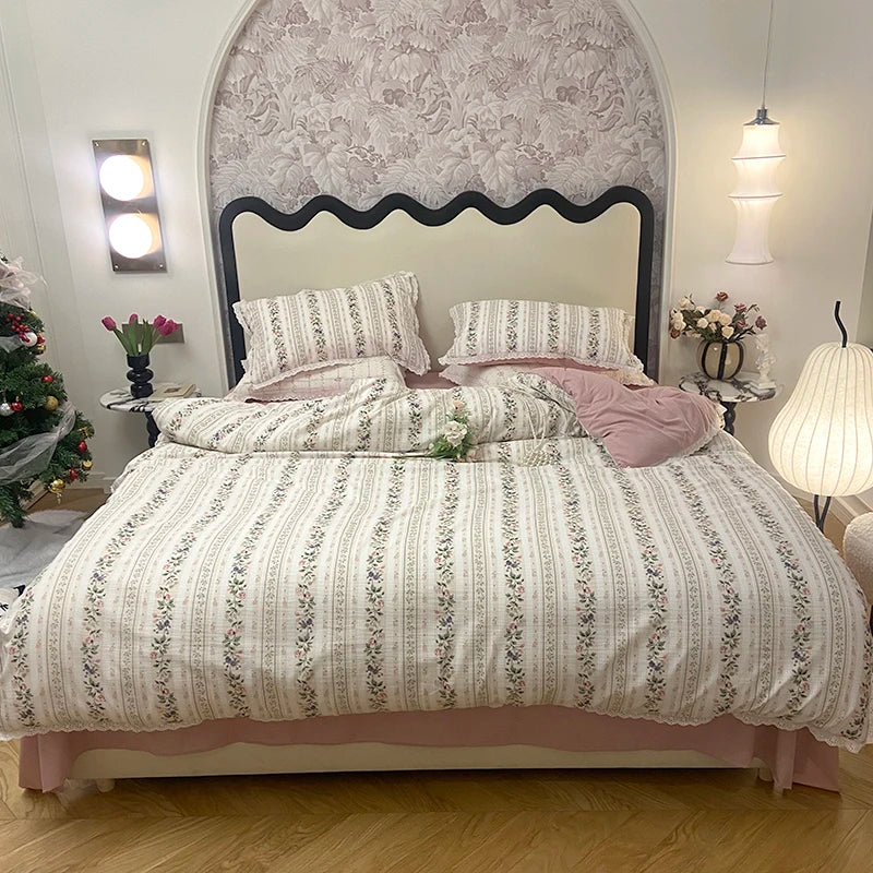 Afralia™ Vintage Lace Ruffles Duvet Set with Bed Sheet and Pillowcases