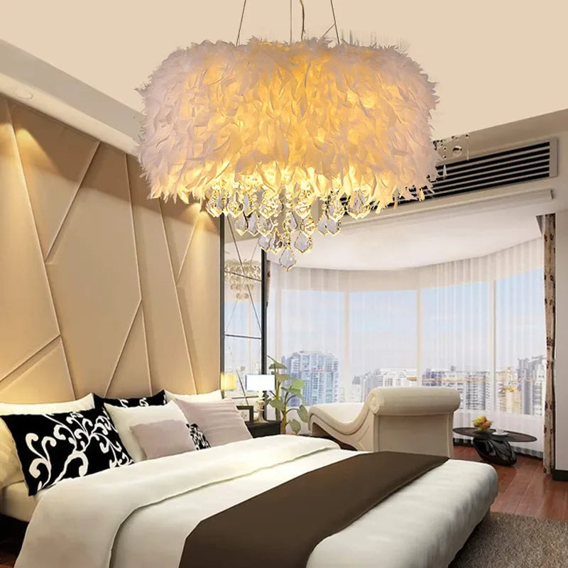 Afralia™ Simple Feather Chandelier for a Romantic Bedroom, Warm LED Fixture