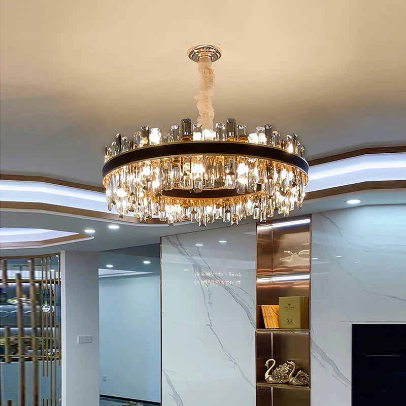 Afralia™ Smoky Grey Crystal Chandelier LED Pendant Light for Luxurious Living Room