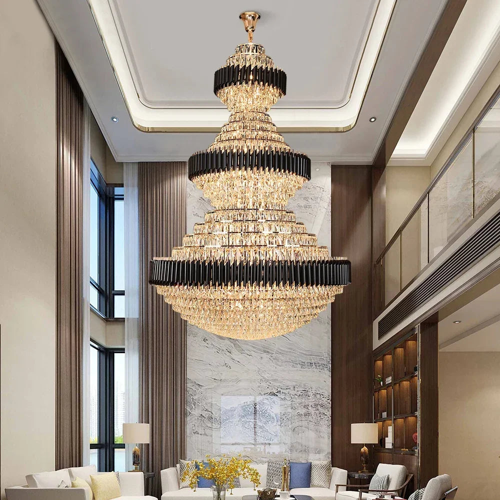 Afralia™ Luxury Crystal Staircase Chandelier: Elegant Lighting for Villa, Lobby, Hotel - Black Stainless Steel
