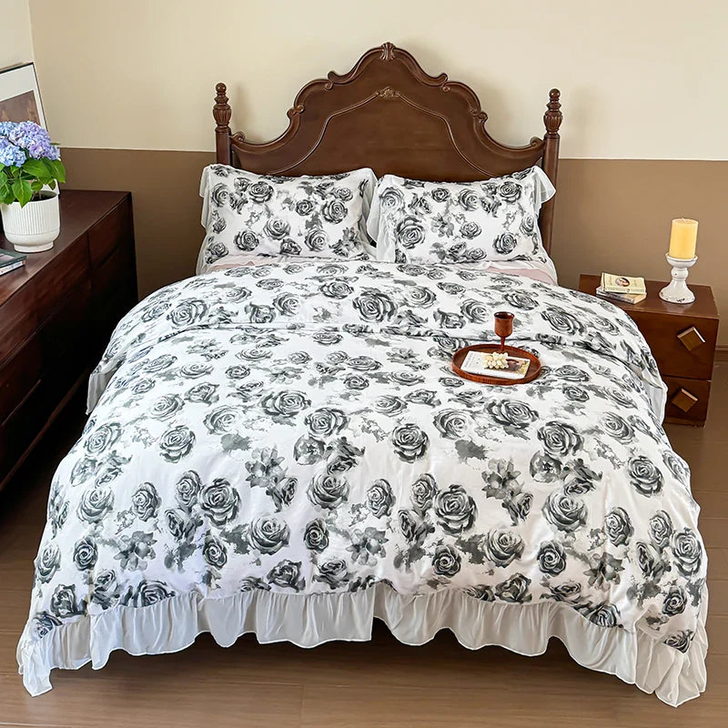 Afralia™ French Flowers Lace Ruffles Princess Bedding Set with Bed Sheet Pillowcases