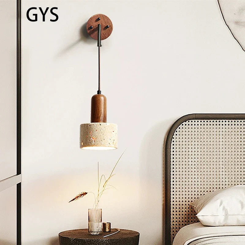 Afralia™ Retro Style Stone Wall Lamp Yellow Wood Cream Vintage Hanging Light