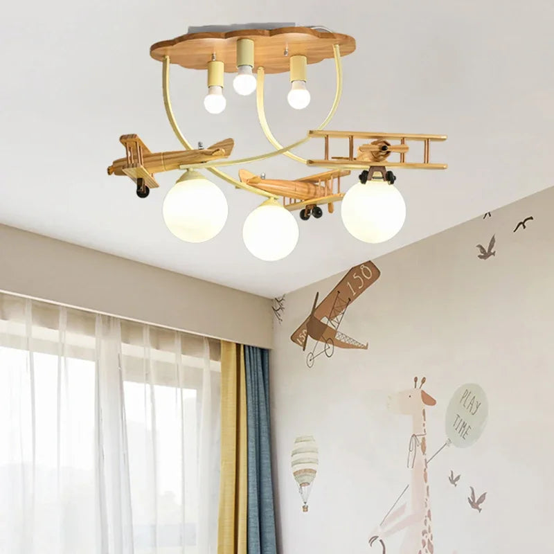 Afralia™ Wooden Plane Nursery Ceiling Light for Kids Room LED Chandelier