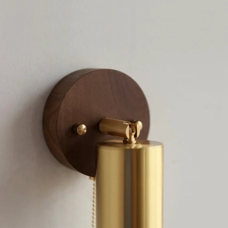 Afralia™ Copper Lampshade LED Wall Sconce Pull Chain Switch Nordic Modern Walnut Wood Mirror Light