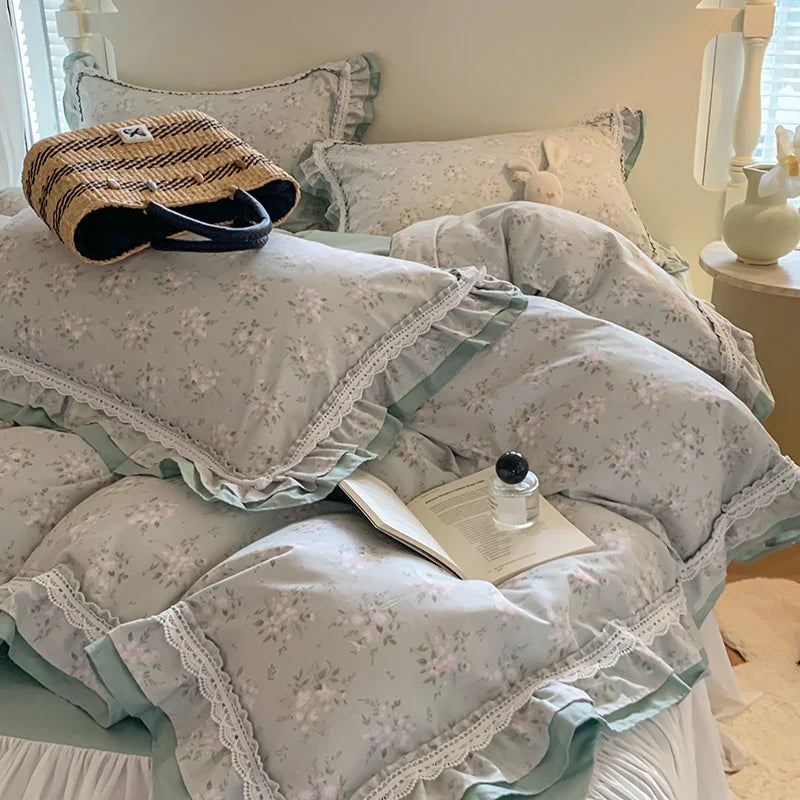 Afralia™ Lace Ruffles Cotton Floral Duvet Set with Pillowcase, Princess Bedding