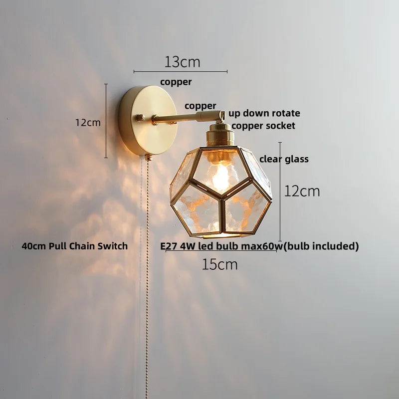 Afralia™ Japanese Style LED Wall Light Clear Glass Pull Chain Switch Bedside Lamp