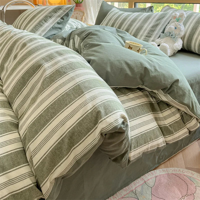 Afralia™ Cotton Striped Bedding Set Yarn Dyed Washed Duvet Cover Single Bedclothes