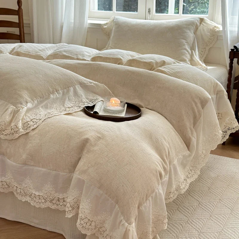 Afralia™ Jacquard Linen Cotton Ruffles Bedding Set with French Lace in Natural Skin Tone