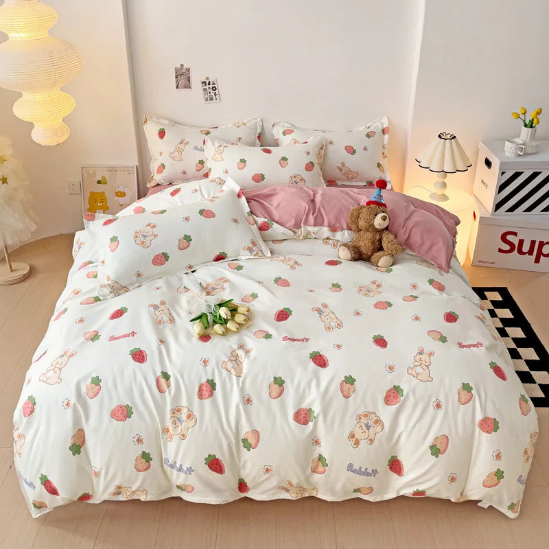 Afralia™ Heart Print Solid Color Bedding Set: Duvet Cover, Sheet, Pillowcases for Single Double Bed