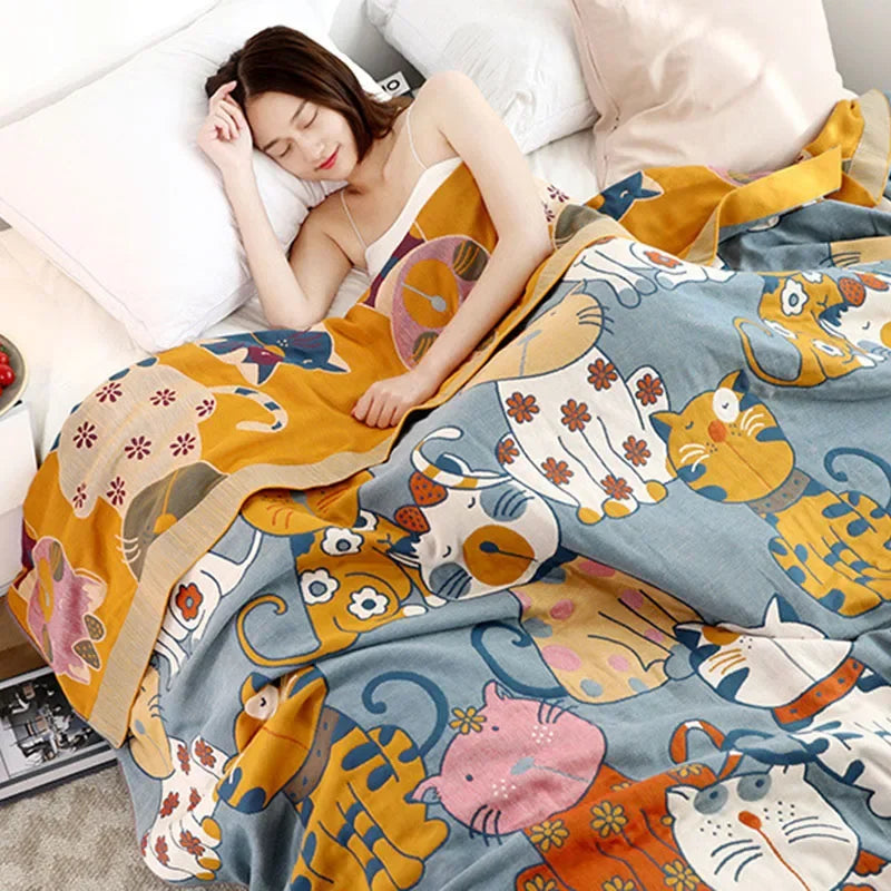 Afralia™ Cartoon Cat Summer Quilt - 100% Cotton Leisure Blanket